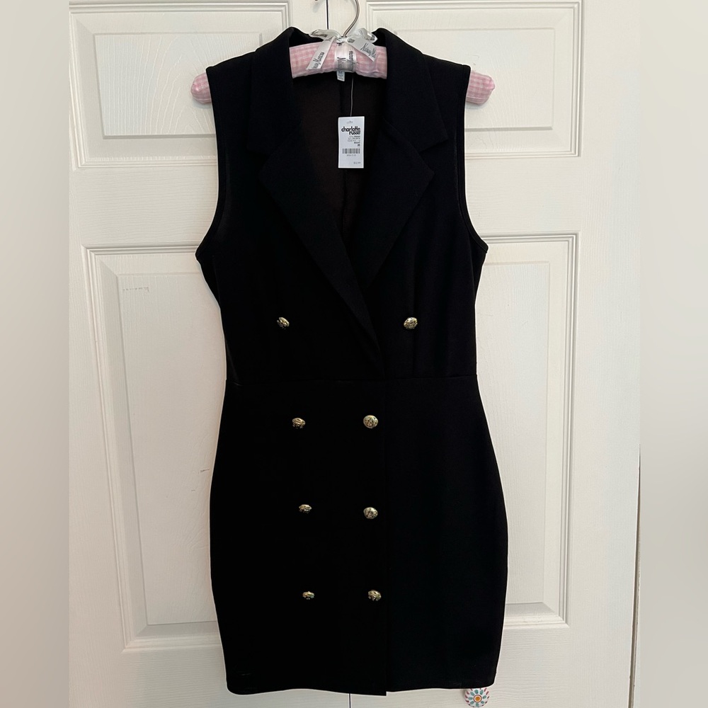 NWT Charlotte Russe Black Sleeveless Blazer Dress with Gold Buttons-Size M